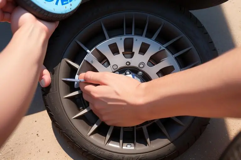 Close-up of a tire being checked for wear and damage