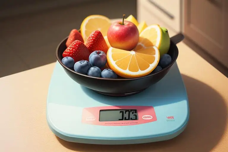 Digital kitchen scale with fruits on top.