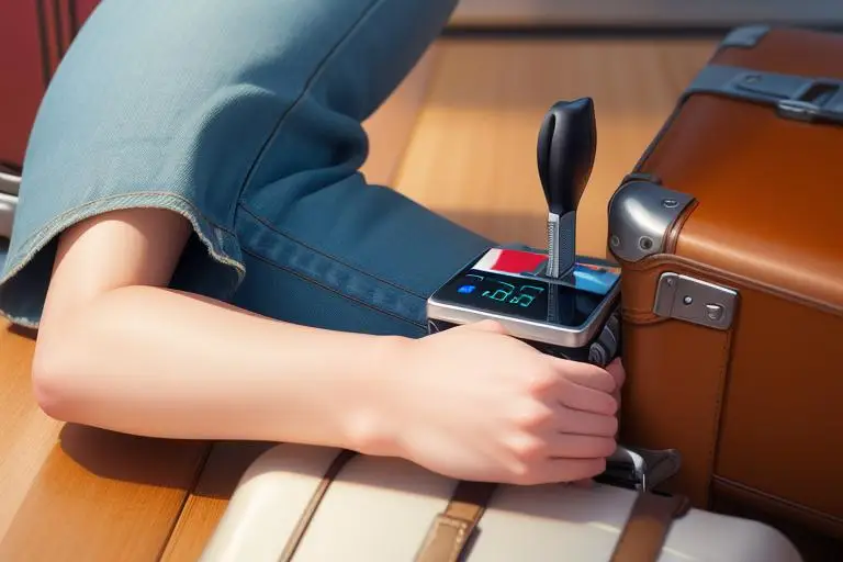 Hand holding a luggage scale with a suitcase.