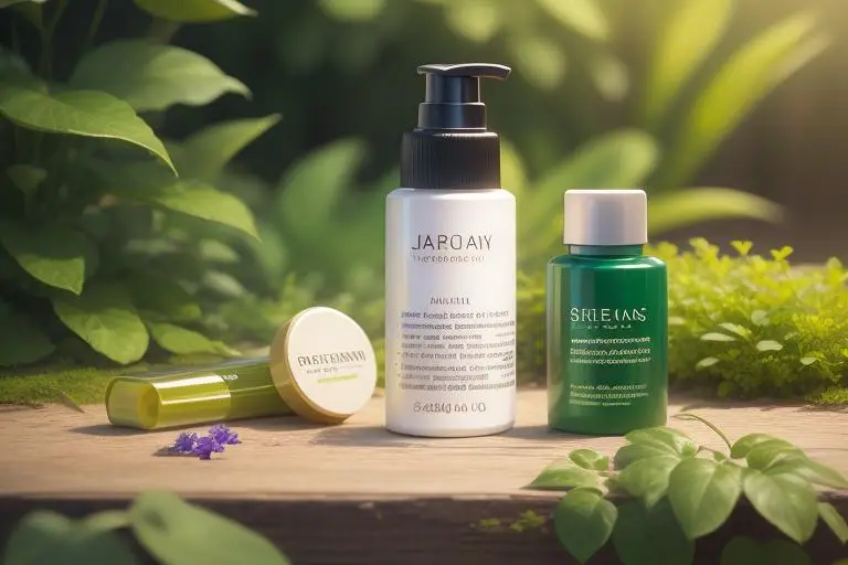 Image of beauty products with greenery in the background